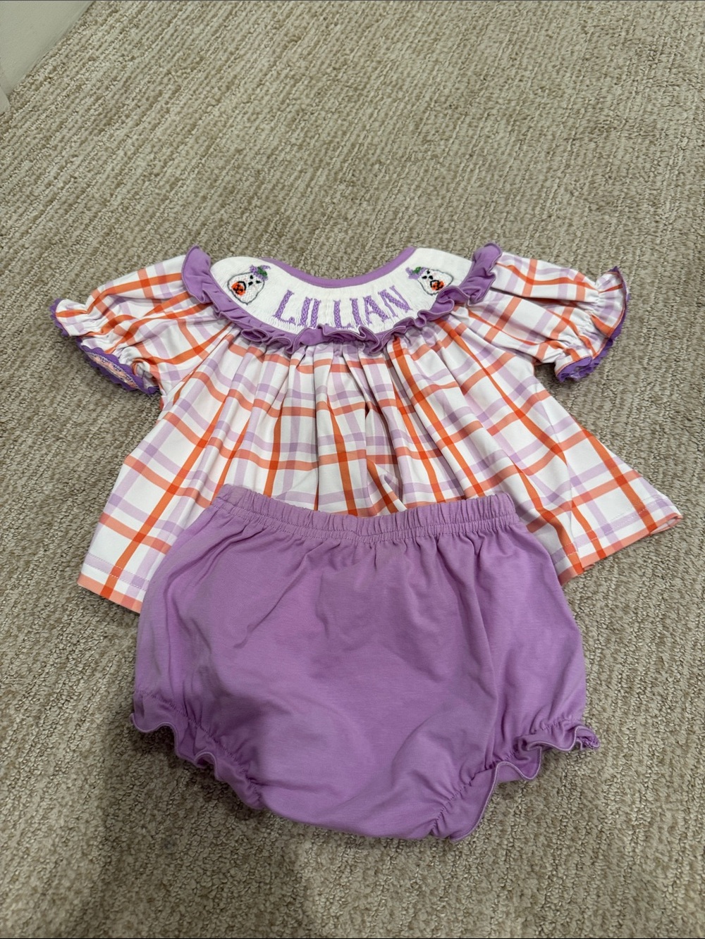 HALLOWEEN “LILLIAN” Smocked Plaid Baby Dress Set in Purple & Orange
